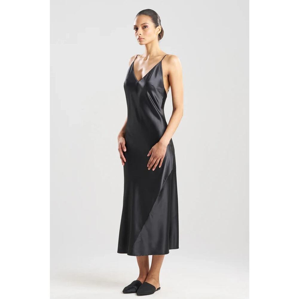 Natori Glamour Stretch Satin Nightgown, Black, Size S 1411